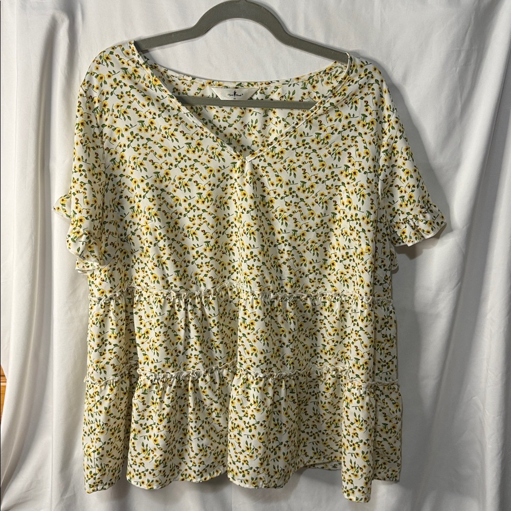 Agnes Orinda Floral Print V-Neck Ruffle Sleeve Blouse Tiered Baby Doll Blouse